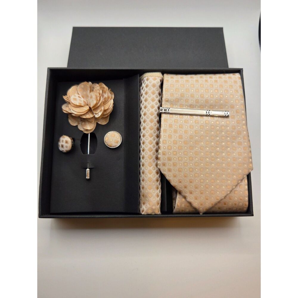 NIB Jemygins 5-PC Mens Tie Set Pink Champagne Gold Plaid Wedding Gift Silk Blend